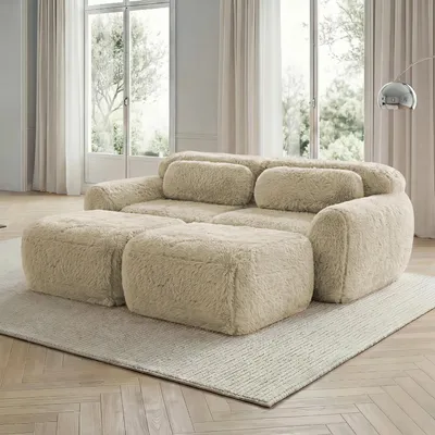 Produktbild von Cloud Schlafsofa, Modulares Zweisitzer-Sofa mit 2 Ottomans, Flauschplüsch, weicher Stoff, montagefrei, komfortabel für Wohnzimmer