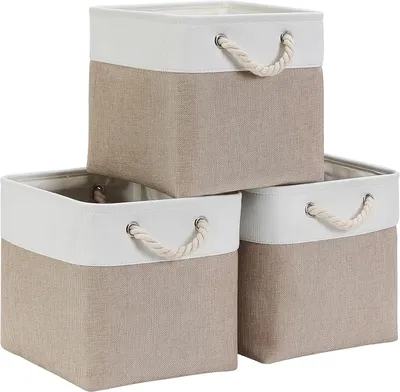 Produktbild von Mangata Storage Box 25 x cm, Korbgriff, Stoffregal, Schrankkleidung (faltbar, leichte Khaki -Weiß, Set 3)