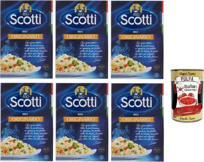 Produktbild von Riso Scotti Riso Originario, Italienischer Reis, Kleine und Runde Reiskörner, 6x 500g Vakuumverpackung + Italian Gourmet polpa 400g