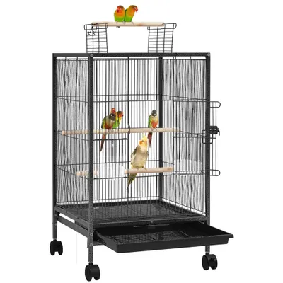 Zdjęcie produktu dla Klatka dla ptaków Yaheetech z kółkami Woliera dla ptaków o wysokości 79 cm, z drewnianymi prętami, 2 miskami do karmienia i szufladą, czarna