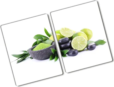Produktbild von Tulup Glas Herdabdeckplatte - 2x40x52 cm - Glaskeramikkochfeld-Abdeckung Spritzschutz Glasabdeckplatte Kochplattenabdeckung und Schneidebrett - Zweiteilig - Essen & Getränke - Limetten und Steine - Grün