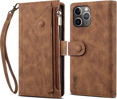 Produktbild von Schutzhülle für iPhone 11 Pro Reißverschluss Hülle, Leder Klapphülle Kartenfach Standfunktion Brieftasche mit Trageband Braun