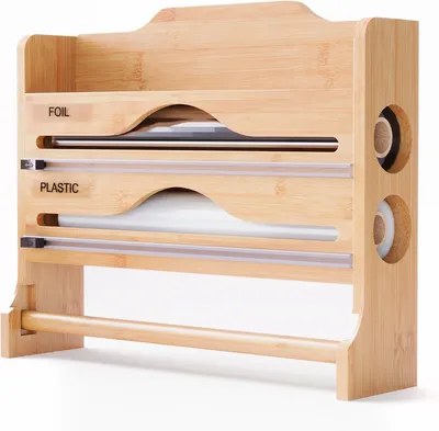 Productafbeelding van Wandrollenhouder 3 - In - 1 voor keukenrol - Folie - Vershoudfolie - Bamboe - 27x35x9 cm - Naturel
