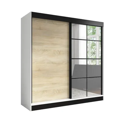 Produktbild von TAVIRO 200 cm Weiß / Sonoma 2, 2-türiger Kleiderschrank mit Spiegel, 3 Schubladen und Kleiderstangen – Funktionalität und Eleganz!