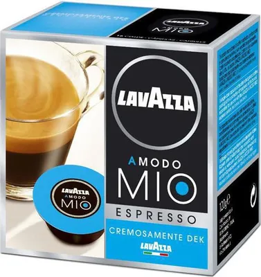 A box of Lavazza A Modo Mio espresso capsules with a cup of coffee shown on the side.