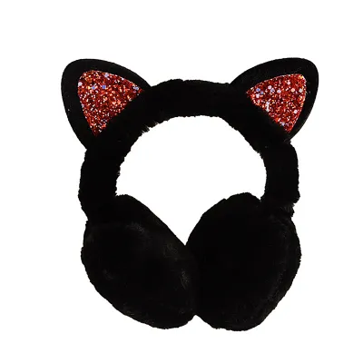 Produktbild von Frauen Schöne Winter Katzen Ohrwärmer Glänzend Glitzer Ohrenschützer Kälteschutz Wärmer-Schwarz