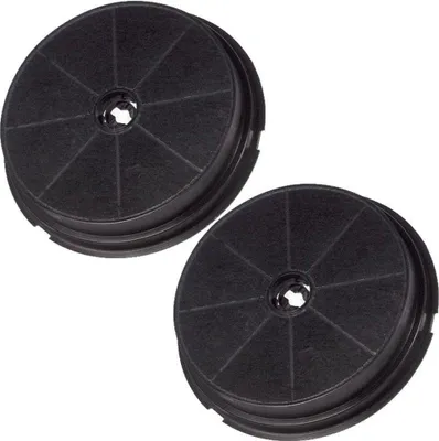 Two circular charcoal filters for a kitchen range hood, shown against a white background.