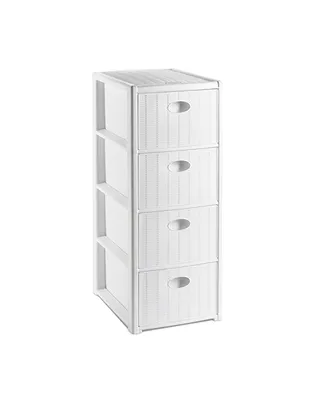 A white, four-drawer storage tower with a rattan design.