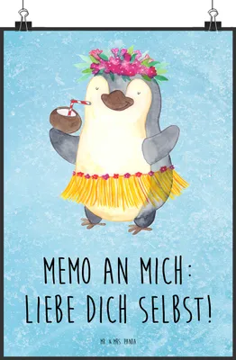 Produktbild von Mr. & Mrs. Panda Bild Pinguin Kokosnuss DIN A0 - Eisblau - Geschenk, Hawaii, Urlaub, drucke, Plakat, Wandbild, Kunstdruck, wanddeko, Ferien