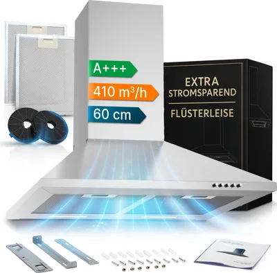 A stainless steel range hood is displayed with accessories and energy efficiency labels.