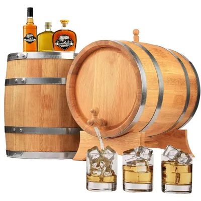 Produktbild von Eichenfass 30L aus Naturholz – Whiskyfass, Weinfass, Holz Fass Deko – Eiche hellbraun, mit Ständer und Zapfhahn – Geschenk für Bar & Zuhause