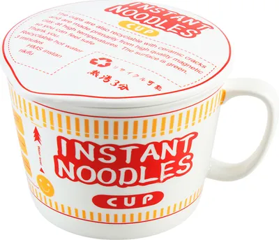 A white ceramic cup with a lid, designed to look like an instant noodle cup.