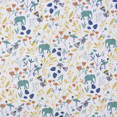 Produktbild von Baumwollstoff Meterware JINJUA Elefant Flamingo Vogel weiß türkis gelb