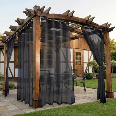 Image de Rideaux d'extérieur transparents en voile, imperméables, avec œillets, pour balcon, terrasse ou pergola, lot de 2, L 132 x H 183 cm, noir