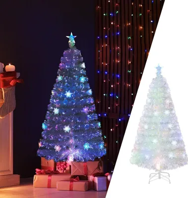 A collage showing two images of a white artificial Christmas tree, one decorated with colorful lights and snowflakes in a room setting, and the other on a white background.