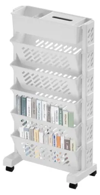 Immagine prodotto di Libreria mobile con ruote, bianca, 6 ripiani, girevole, smontabile