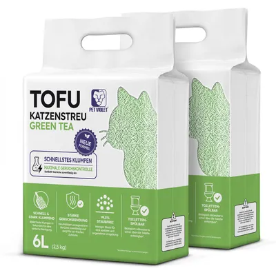 Produktbild von PET VIOLET Tofu Katzenstreu Green Tea 5 kg / 12 L, pflanzenbasiert, stark klumpend, staubarm, geruchsbindend, wasserlöslich & spülbar, KI-generiertes Bild