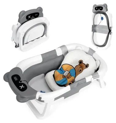 Produktbild von Faltbare Babybadewanne mit Thermometer und Stützkissen, platzsparend und tragbar für Neugeborene bis 12 Monate, rutschsicher und sicher zum Baden (Grau)