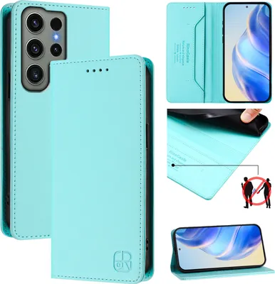 Produktbild von Lederhülle für Samsung Galaxy S23 Ultra Hülle Flip Brieftasche Kartenfächern Ständer Schutzhülle Türkis