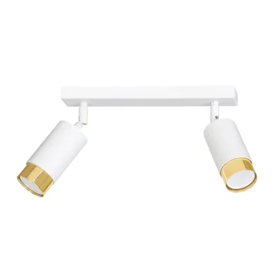 A white ceiling light with two adjustable spotlights, each with a gold accent ring.