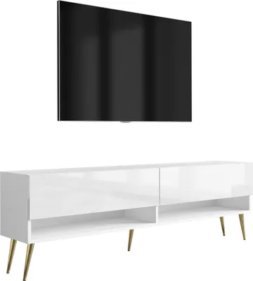 Produktbild von TV-Lowboard 170 cm Mattweiß / Hochglanzweiß, goldene schräge Beine, 170 × 32 × 52 cm