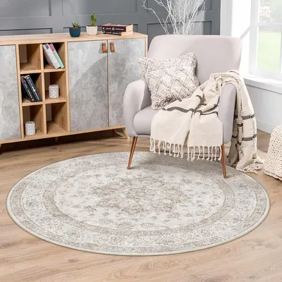Zdjęcie produktu dla Okrągły dywan, beżowy, w stylu vintage, średnica 150 cm, możliwość prania