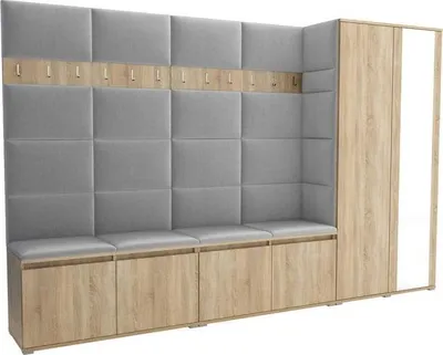 Produktbild von Garderoben-Set Noris V mit Spiegel, gepolsterte Garderobe 290 cm, Flurmöbel mit Wandpaneelen, 12 Haken und Schrank (Farbe: Sonoma Eiche + Trinity 32)