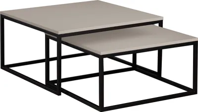 Two nesting coffee tables with square steel frames and light gray tops, shown against a white background.