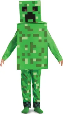 A person wearing a Minecraft Creeper costume.