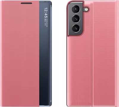 Two views of a pink smartphone case with a transparent window.