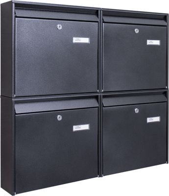 Burg-Wächter Briefkastenanlage 4-fach schwarz 72x64x10cm, Postkasten A4 Einwurf mit Namensschild, Montagematerial, 2 Schlüssel [BKQSCH4 Blanco]
