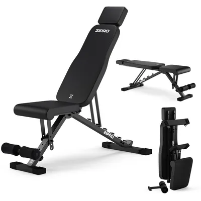 A black adjustable weight bench is shown from multiple angles against a white background.