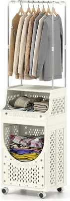 Produktbild von COSTWAY 3-stufiger Wäschekorbwagen mit Kleiderstangen, Badrollwagen mit Wäschekorb, Rollen, Haken, Wäschesammler Kleiderständer, Wäschesortierer