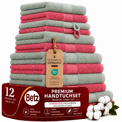 Produktbild von Betz 12-tlg. Handtuch-Set PREMIUM 2 Duschtücher 4 Handtücher 2 Gästetücher 2 Seiftücher 2 Waschhandschuhe Farbe: himbeere / heugrün, KI-generiertes Bild