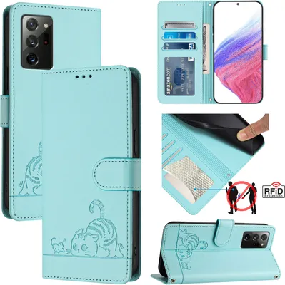 Produktbild von Leder Hülle für Samsung Galaxy Note 20 5G Süße Katze Flip Case Brieftasche Schutzhülle mit Standfunktion hellgrün