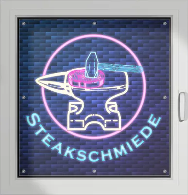 Produktbild von Wallario Lichtschutzbild, Dekorativer Sichtschutz Sonnenschutz 96 x 100 cm mit Motiv: Steakschmiede - Verdunklung ohne Bohren