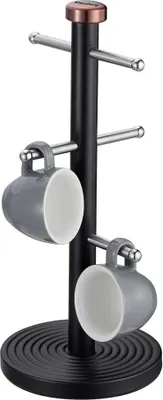 A black mug tree with copper accents and two gray mugs hanging from it, set against a white background.