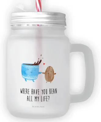 Produktbild von Mr. & Mrs. Panda Glas Kaffee Bohne - Transparent - Geschenk, Genuss, Cocktailglas, Glück, Kaffeebohne, Becher mit Strohhalm, deckel, Limonadenglas, Zufriedenheit
