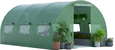 Produktbild von GOPLUS 4x3x2m Foliengewächshaus, Folientunnel Gewächshaus mit Rollfenster, Tür, Metallrahmen & Erdanker, Gewächshaus Treibhaus Gartengewächshäuser für Bauernhof & Garten, Grün