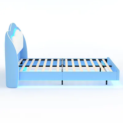 Produktbild von HOMAVO Polsterbett 140x200cm Kinderbett, Einzelbett mit LED-Beleuchtung, Polsterbett aus Samt mit Wolken-Design, Schwebebett