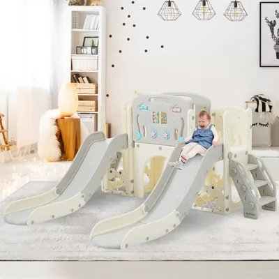Produktbild von 8-in-1 Kinderspielplatz-Set, Freistehendes Meerestier-Motiv-Set mit Rutsche, Bogentunnel, Basketballkorb und Teleskop, Doppelte Rutschen für Kleinkinder, Klettergerüst für Kinder, Antikes Grau