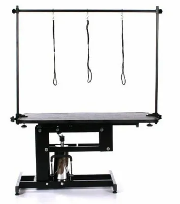 Produktbild von Trimmtisch hydraulisch für Hunde – hydraulische Fußsteuerung – Welpen- und Hundepflege – 2 Schlaufen – doppelter Pflegearm – verstellbar – bis zu 80