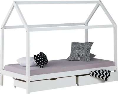 Produktbild von Homestyle4u Kinderbett Kinderhaus Hausbett 90x200 cm Weiß mit Bettkasten