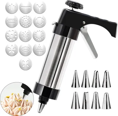 Produktbild von Keks Spritzgebäck Presse Set 13 Edelstahl Formen + 8 Spritztüllen Gebäckpresse Backzubehör