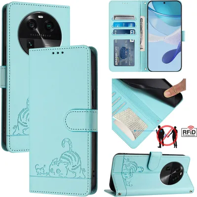 Produktbild von Leder Hülle für Oppo Find X6 Süße Katze Flip Case Brieftasche Schutzhülle mit Standfunktion hellgrün