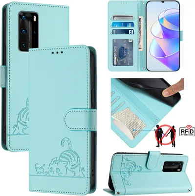 Produktbild von Leder Hülle für Huawei P40 Pro Süße Katze Flip Case Brieftasche Schutzhülle mit Standfunktion hellgrün