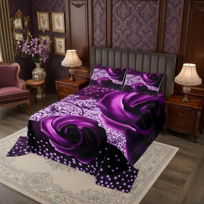 Produktbild von Elzusha – Romantische Tagesdecke mit Rosen – Lila – 170x210 cm – Inklusive Kissenbezug