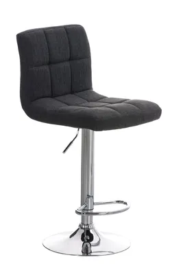 A dark gray fabric bar stool with a chrome base and adjustable height.
