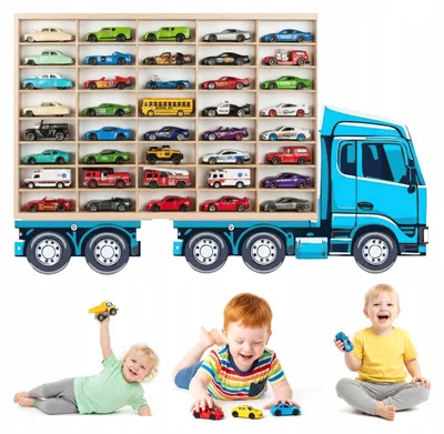 Modellauto-Regal für 40 Autos 1:64 – Wandregal & Setzkasten für Spielzeugautos, Lkw-Motiv, Blau, Birken-Sperrholz – mit Modellautos an der Wand