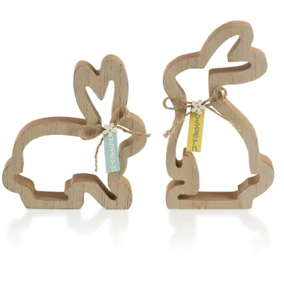 Produktbild von com-four® 2x Deko-Aufsteller für Ostern - dekorative Osterhasen aus Holz mit Schleife - Holzdekoration zum Hinstellen